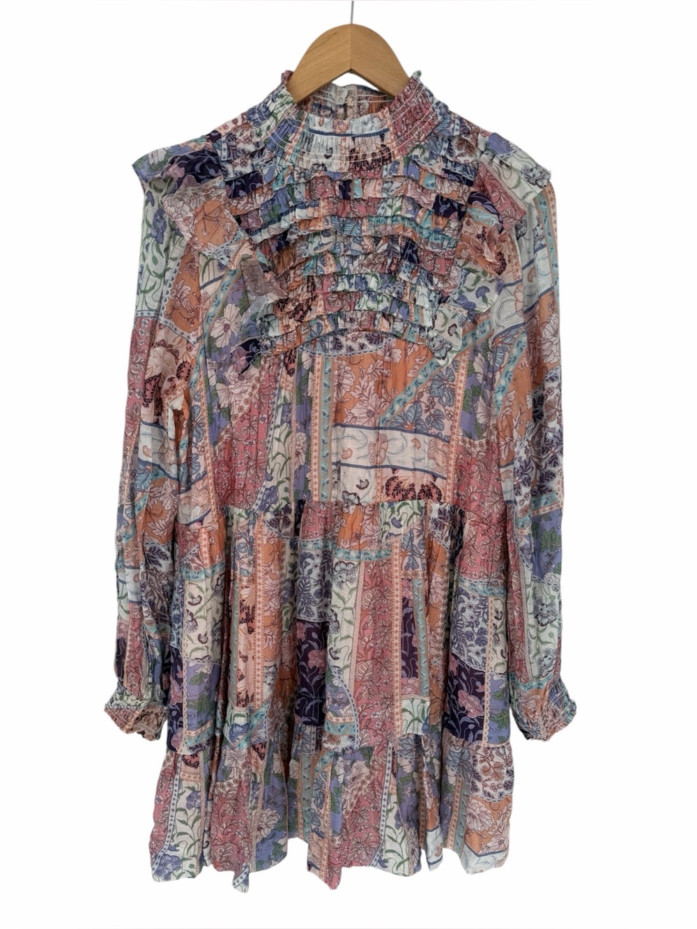 Fate Patchwork Ruffle Mock Neck Mini Dress Pink Multi Women's - Size L